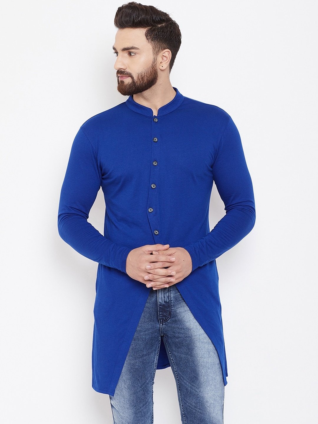 

CHILL WINSTON Asymmetric Hem Mandarin Collar Cotton Kurta, Blue