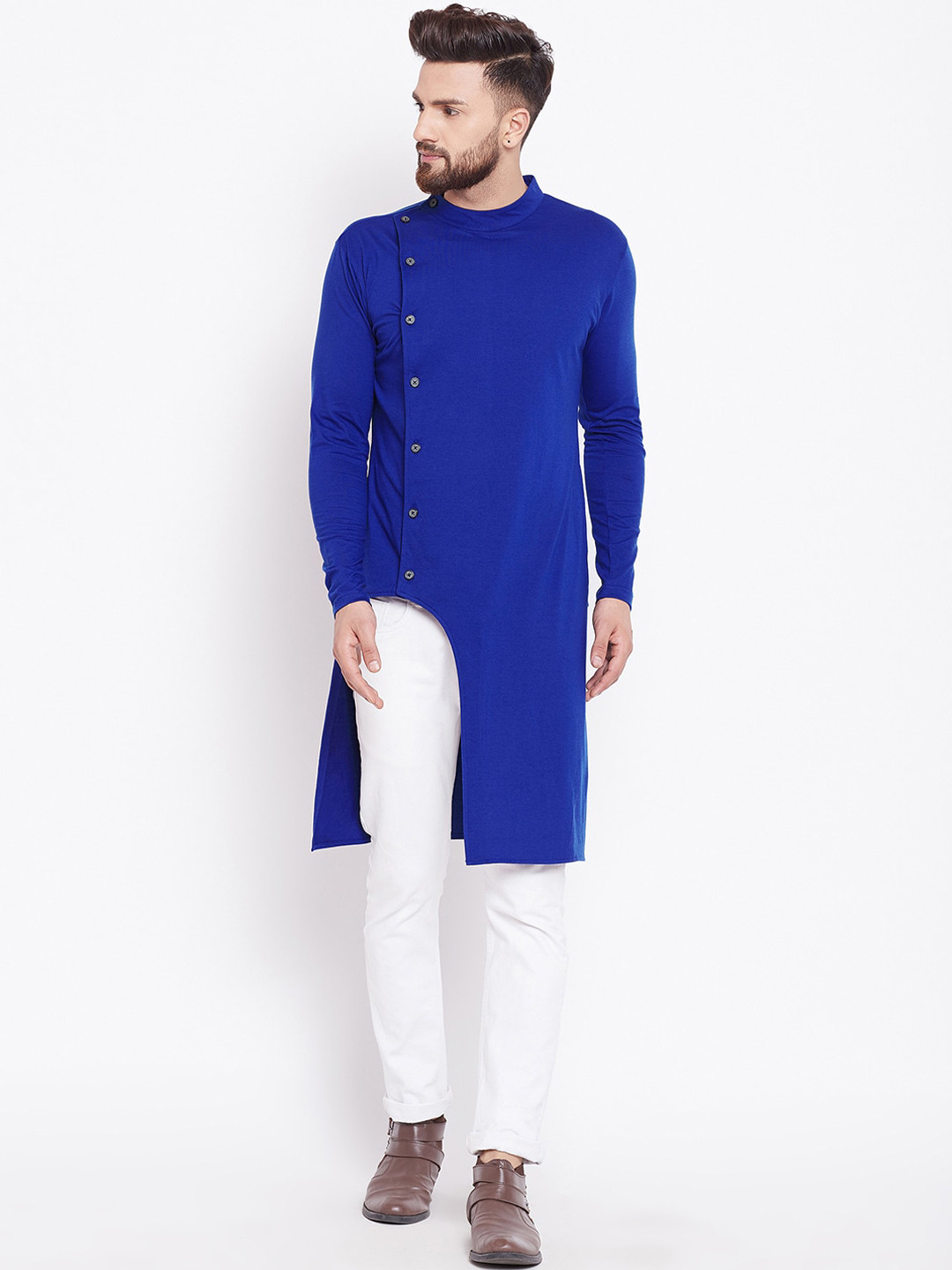 

CHILL WINSTON Asymmetric Hem Mandarin Collar Cotton Angrakha Kurta, Blue