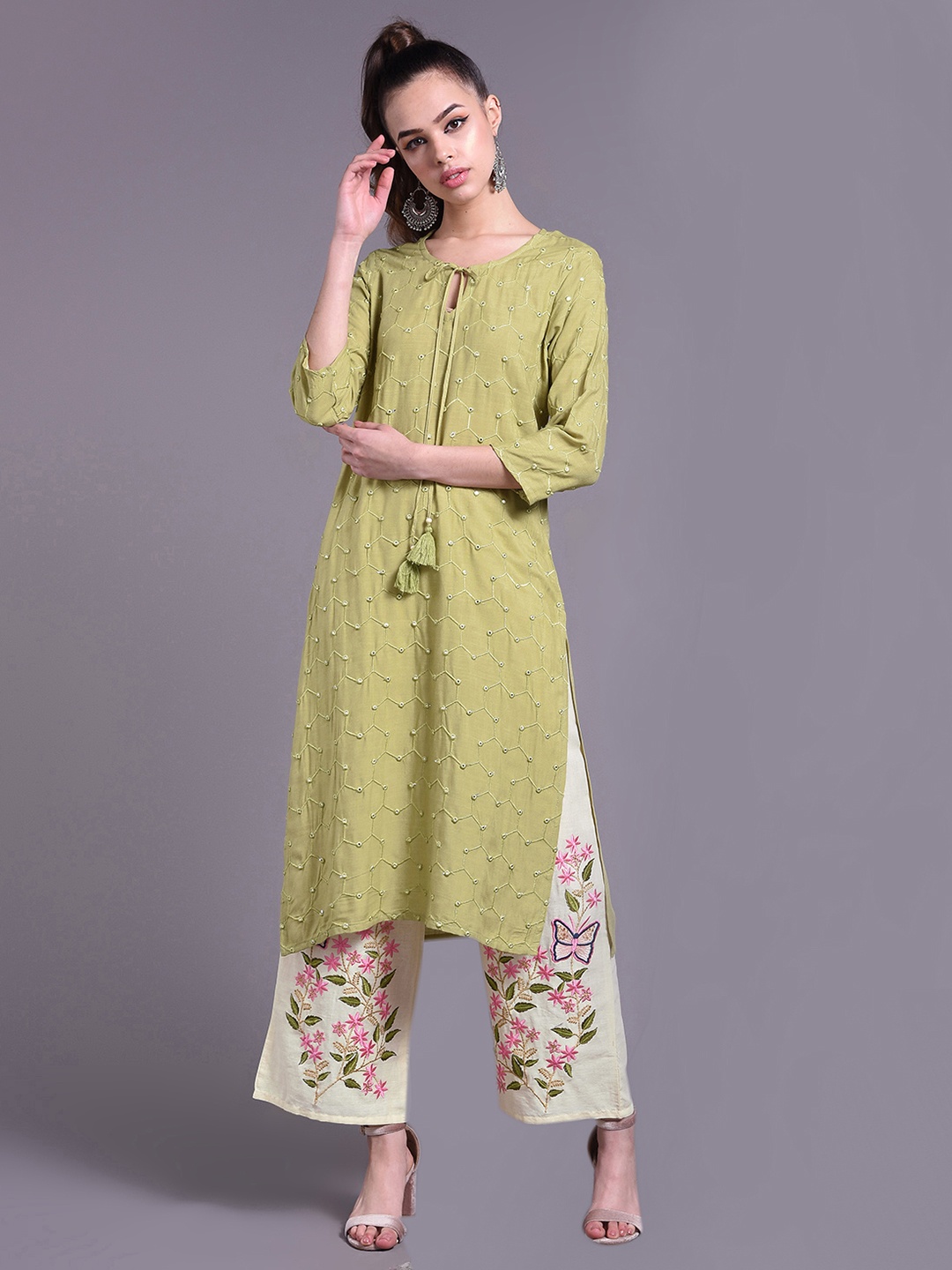 

DORIYA Women Green Ethnic Motifs Embroidered Keyhole Neck Mirror Work Kurta