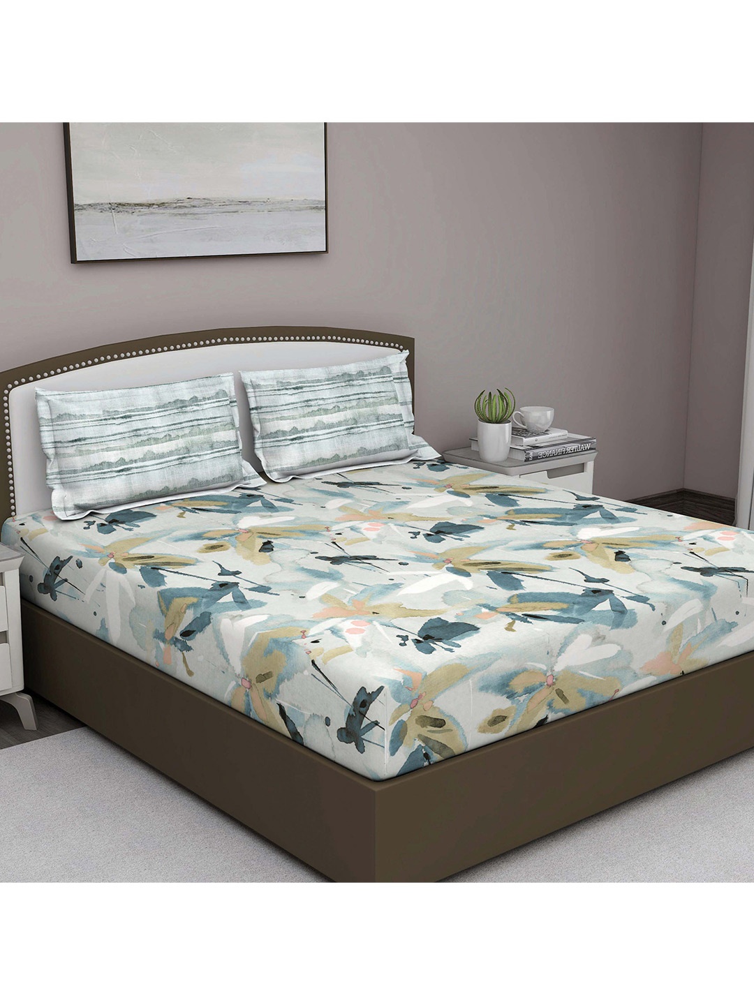 

GM Green & Grey Floral 180 TC King Bedsheet with 2 Pillow Covers