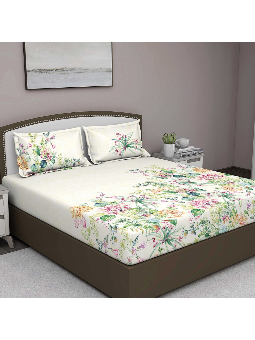 

GM White & Green Floral 180 TC King Bedsheet with 2 Pillow Covers