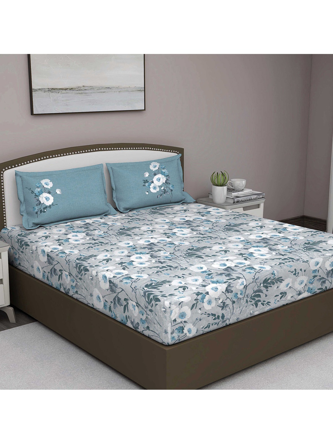 

GM Blue & Grey Floral 180 TC Pure Cotton King Bedsheet With 2 Pillow Covers