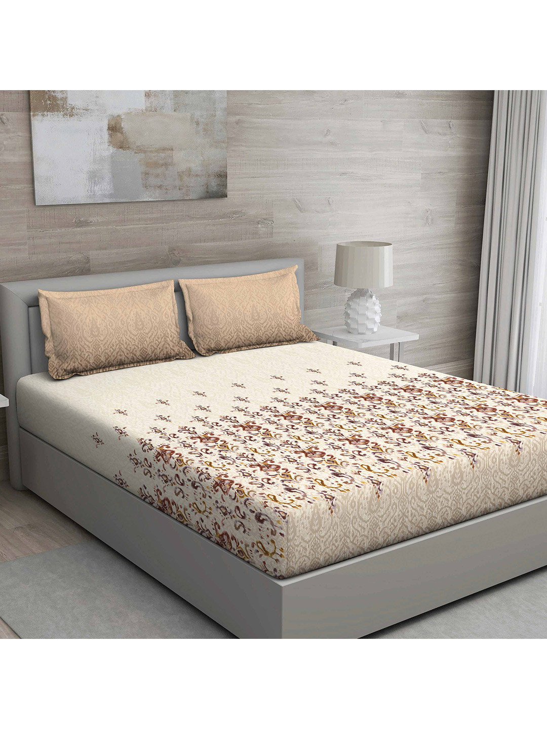 

GM Beige & Brown Ethnic Motifs 150 TC Pure Cotton King Bedsheet With 2 Pillow Covers