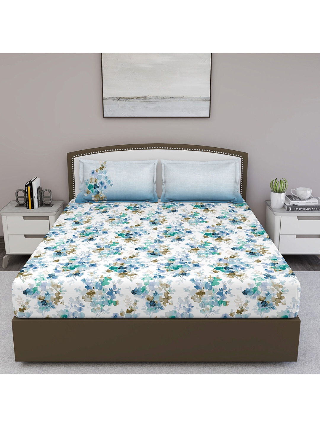 

GM White & Blue Floral 180 TC King Bedsheet with 2 Pillow Covers