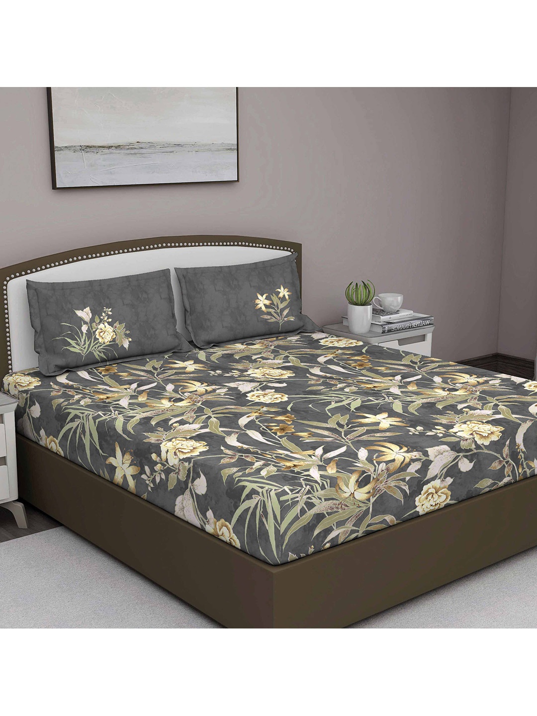 

GM Grey & Green Floral 210 TC Pure Cotton King Bedsheet With 2 Pillow Covers