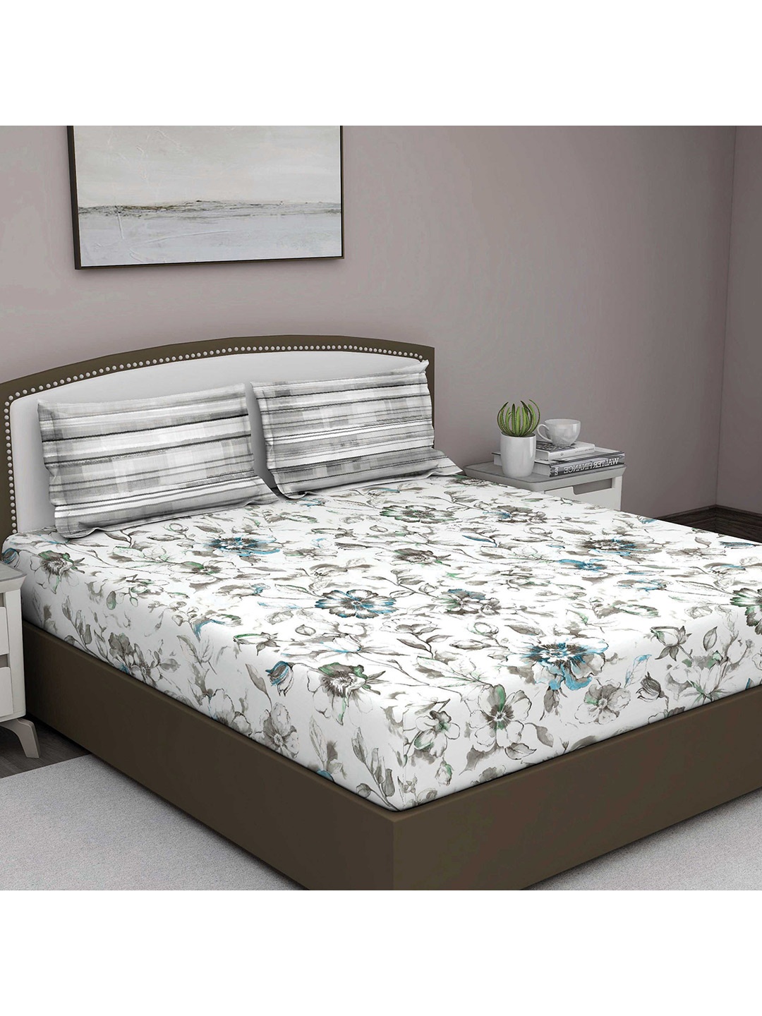 

GM White & Grey Floral 180 TC King Bedsheet with 2 Pillow Covers