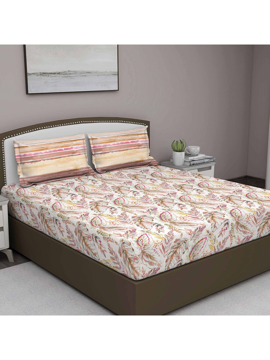 

GM Beige & Pink 180 TC Pure Cotton King Bedsheet With 2 Pillow Covers