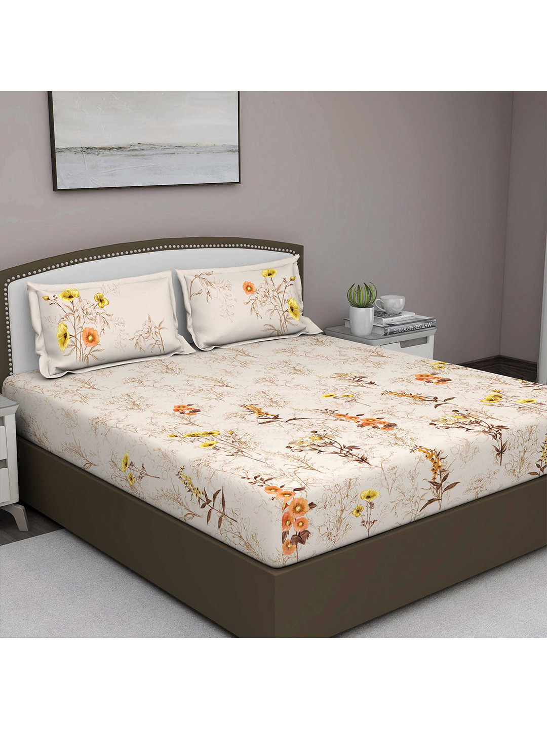 

GM Beige & Yellow Floral 180 TC Pure Cotton King Bedsheet With 2 Pillow Covers