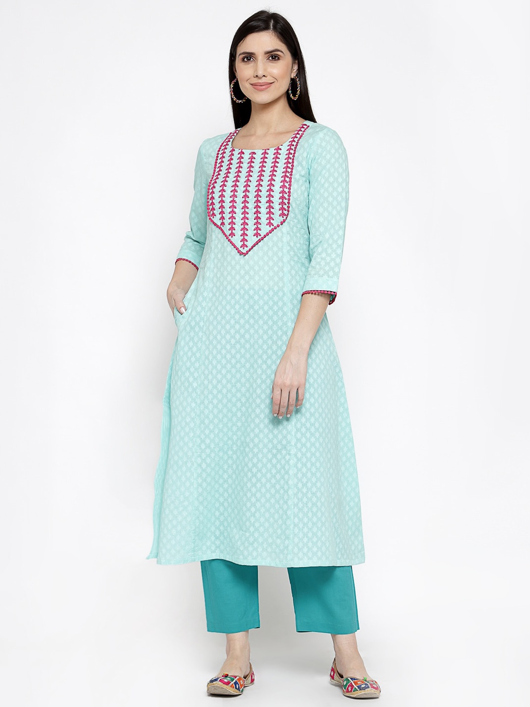 

DART STUDIO Ethnic Motifs Printed Thread Work Jacquard Paneled A-Line Cotton Kurta, Blue