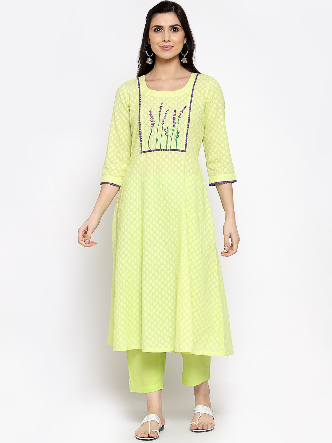 

DART STUDIO Floral Embroidered Pure Cotton A-Line Kurta, Lime green