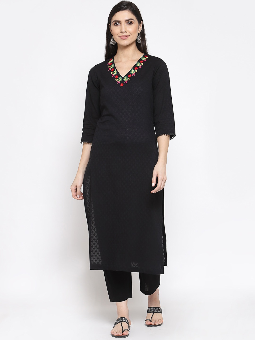 

DART STUDIO Woven Design Thread Work Jacquard Kurta, Black