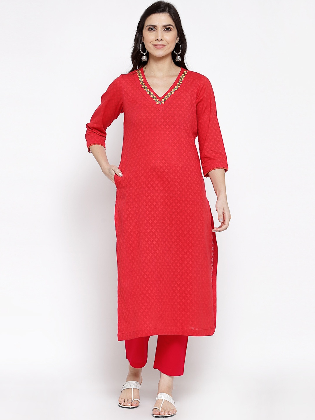 

DART STUDIO Ethnic Motifs Printed Thread Work Jacquard Cotton Straight Kurta, Red