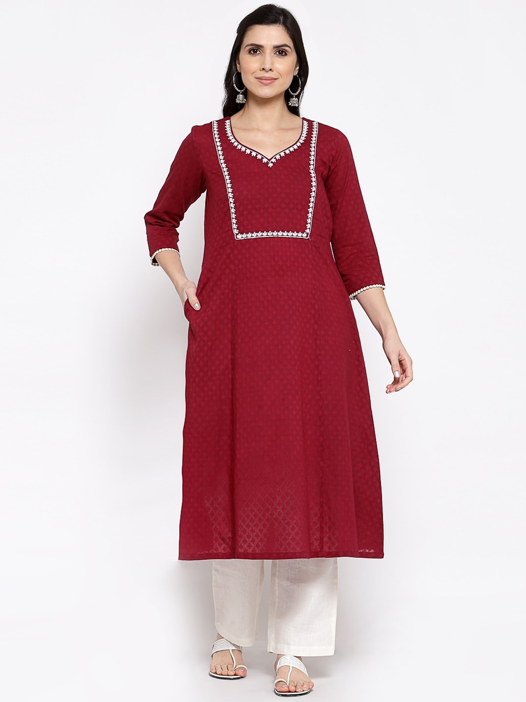 

DART STUDIO Ethnic Motifs Woven Design Thread Work Pure Cotton A-Line Kurta, Maroon