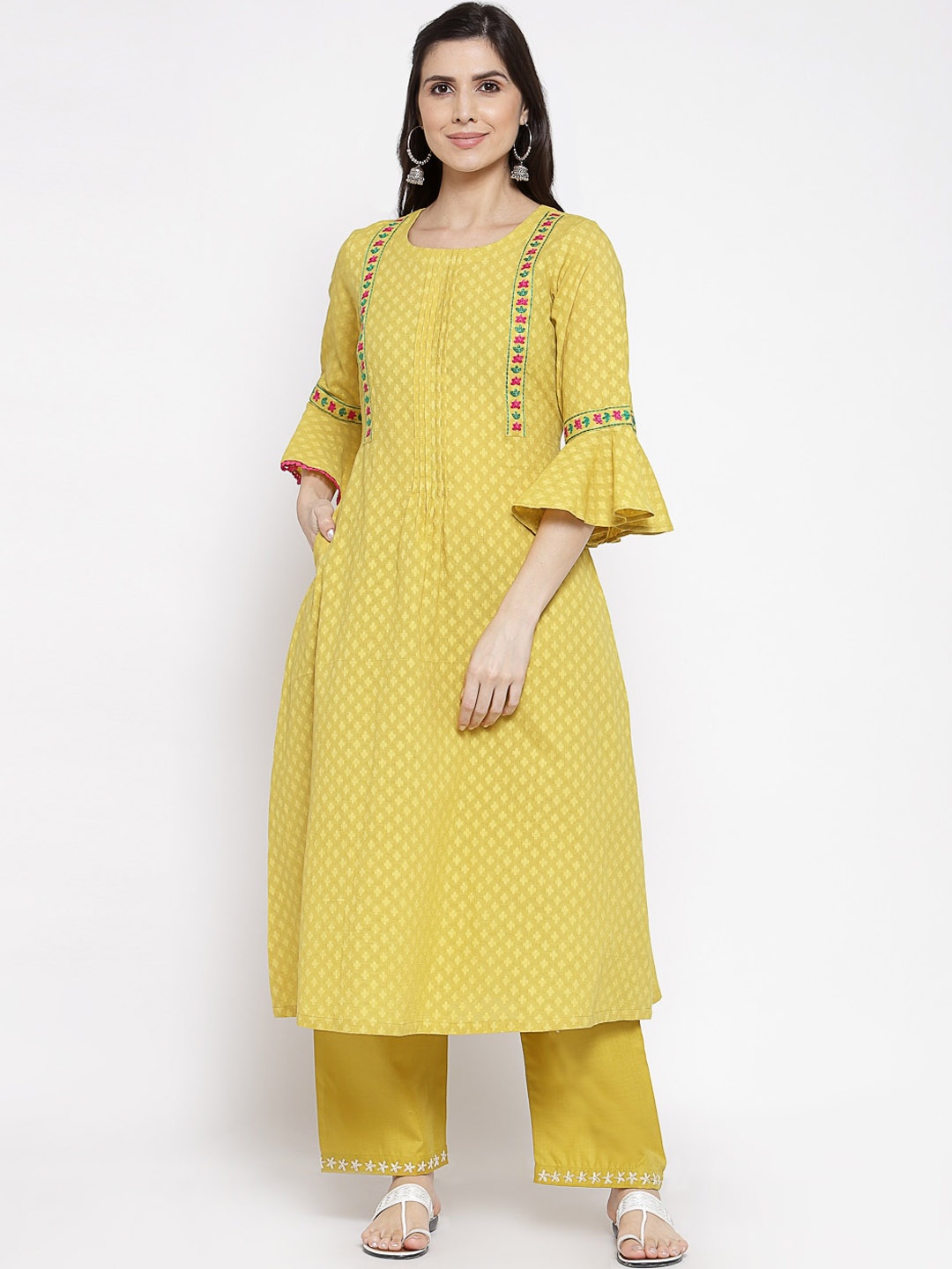 

DART STUDIO Ethnic Motifs Woven Design Bell Sleeves Thread Work Pure Cotton A-Line Kurta, Mustard