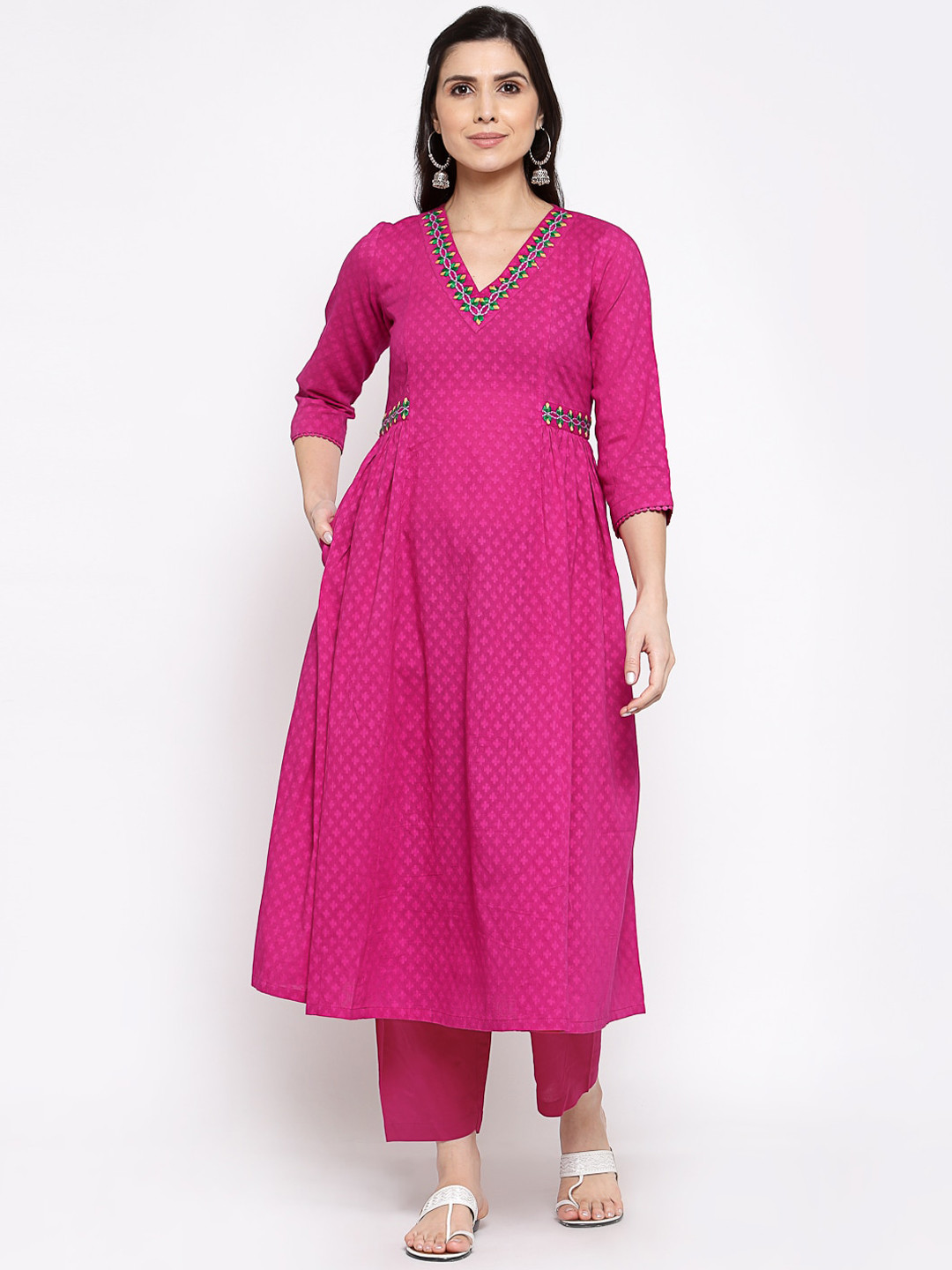 

DART STUDIO Ethnic Motifs Woven Design Thread Work Pleated Pure Cotton A-Line Kurta, Pink