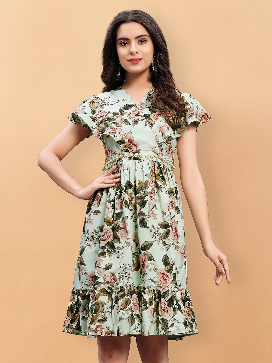 

KALINI Floral Printed Crepe Dress, Green