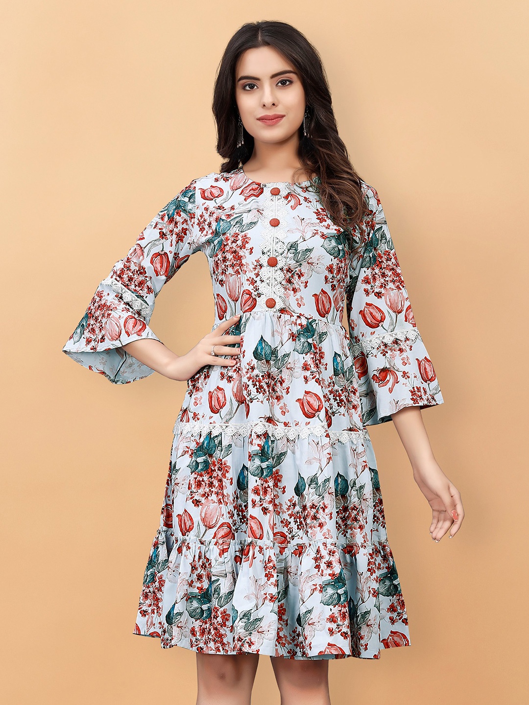 

KALINI Floral Printed Bell Sleeves Dress, White
