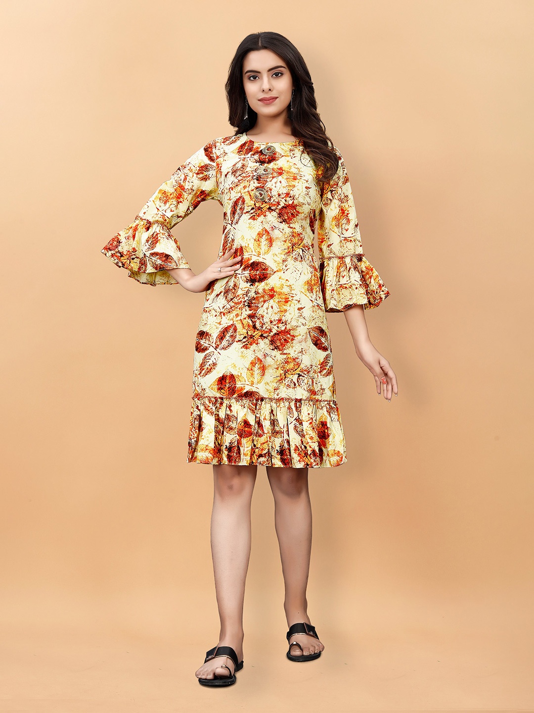 

KALINI Multicoloured Floral Crepe Ethnic A-Line Dress, Cream