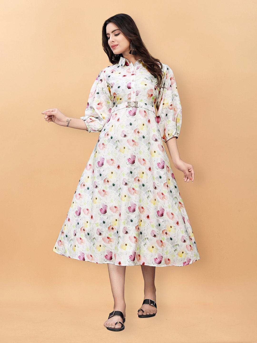 

KALINI Multicoloured Floral Crepe Ethnic Midi Dress, Multi