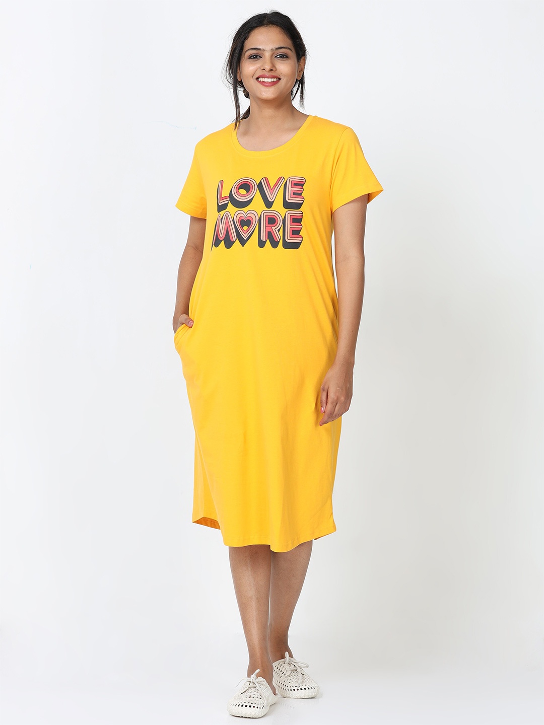 

9shines Label Typography Printed Pure Cotton Nightdress, Mustard