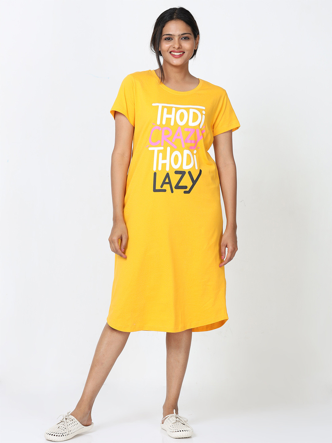 

9shines Label Typography Printed Pure Cotton Nightdress, Yellow