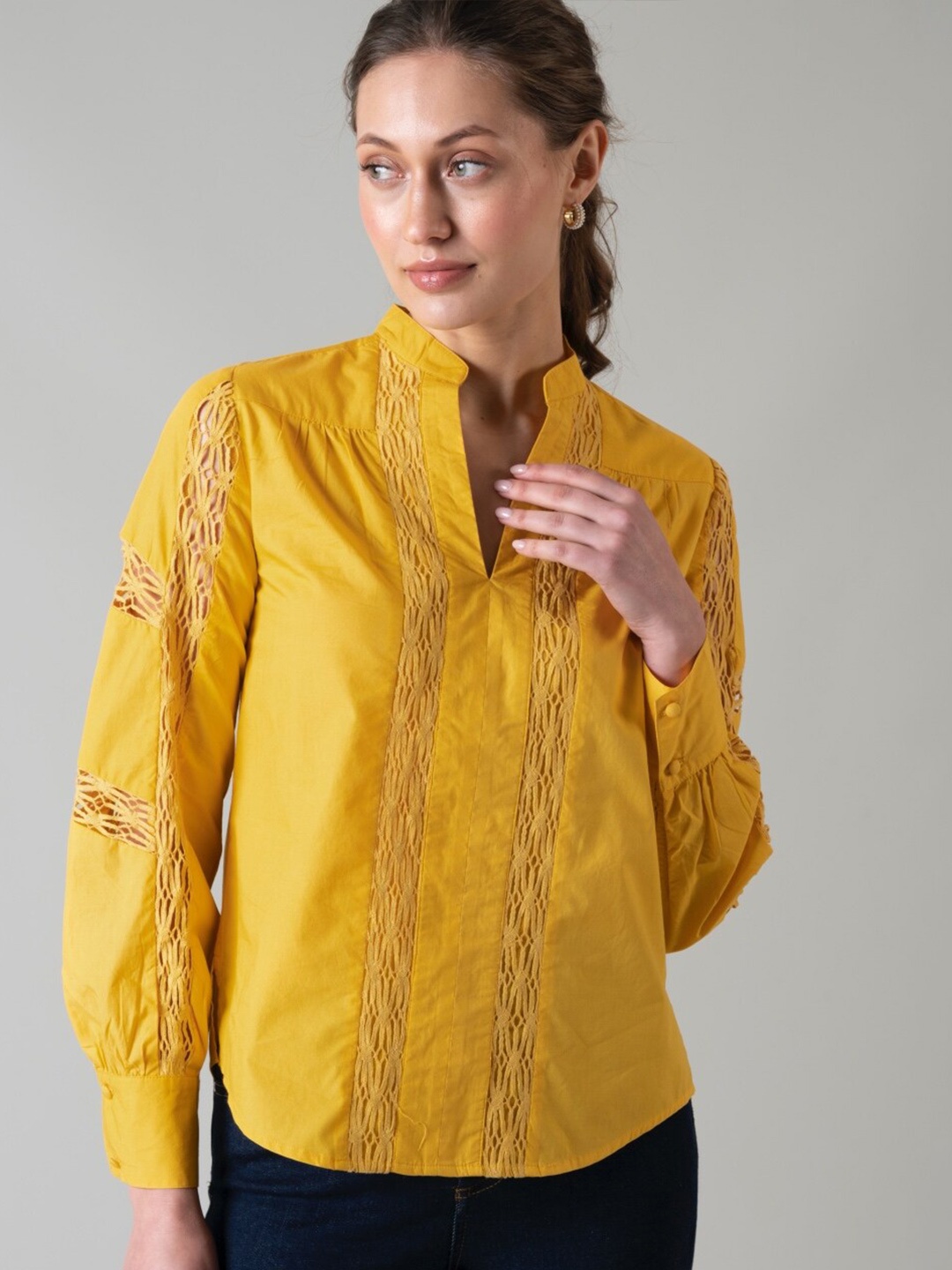 

Style Island Self Design Lace-Up Mandarin Collar Top, Yellow