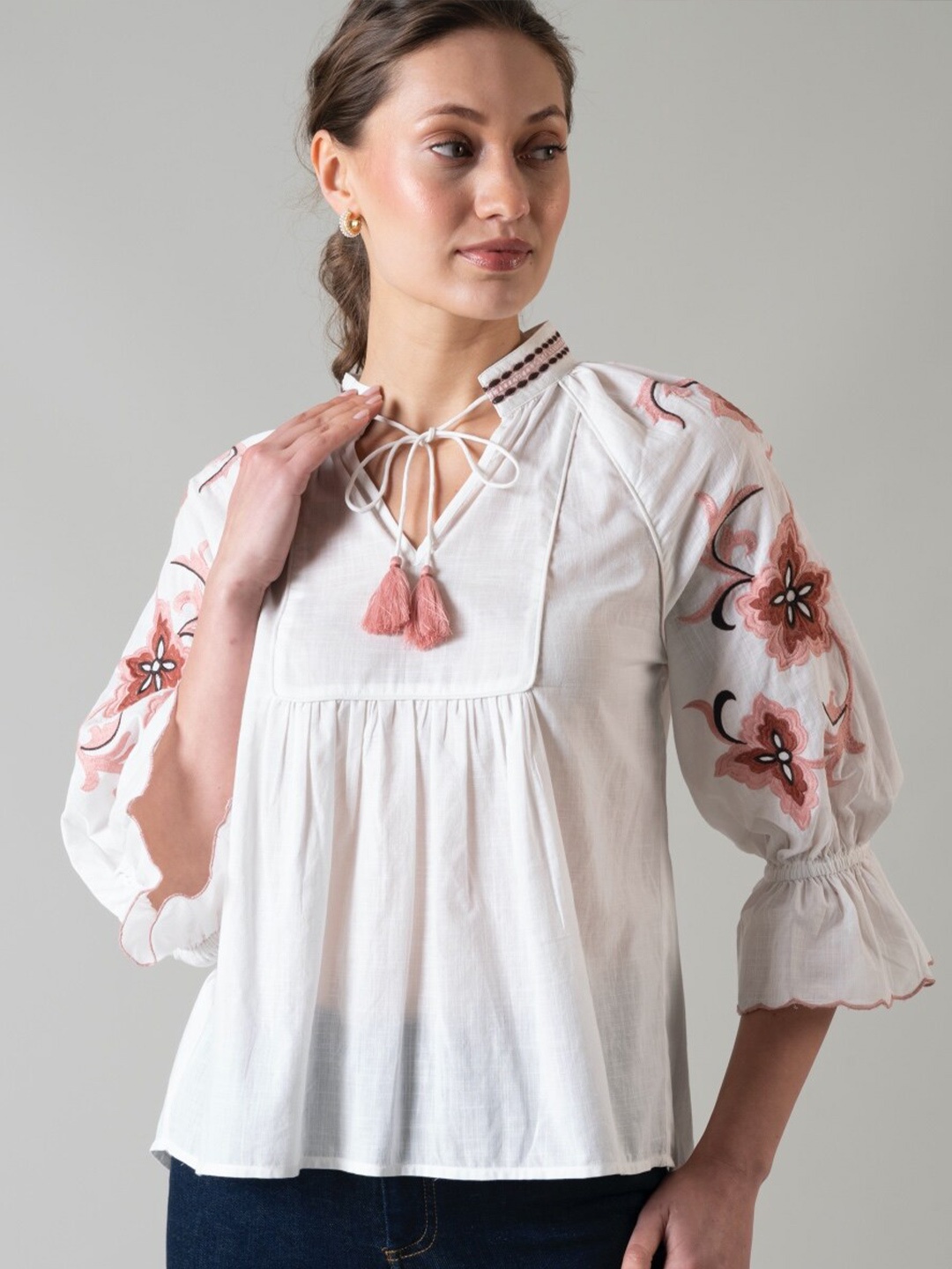 

Style Island Tie-Up Neck Floral Embroidered A-Line Cotton Bohemian Top, White