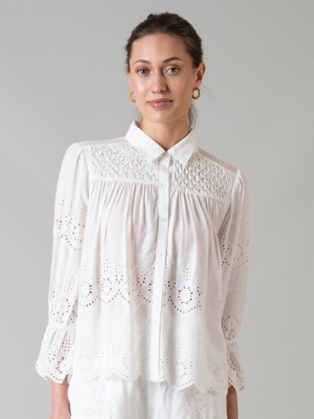 

Style Island Self Design Schiffli Shirt Style Top, White