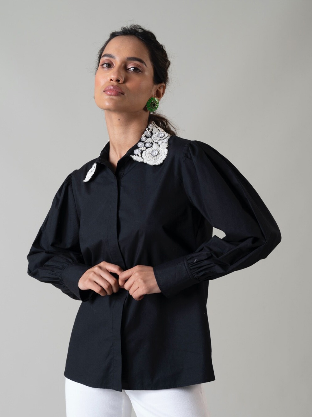 

Style Island Cuffed Sleeves Embellished Shirt Style Top, Black