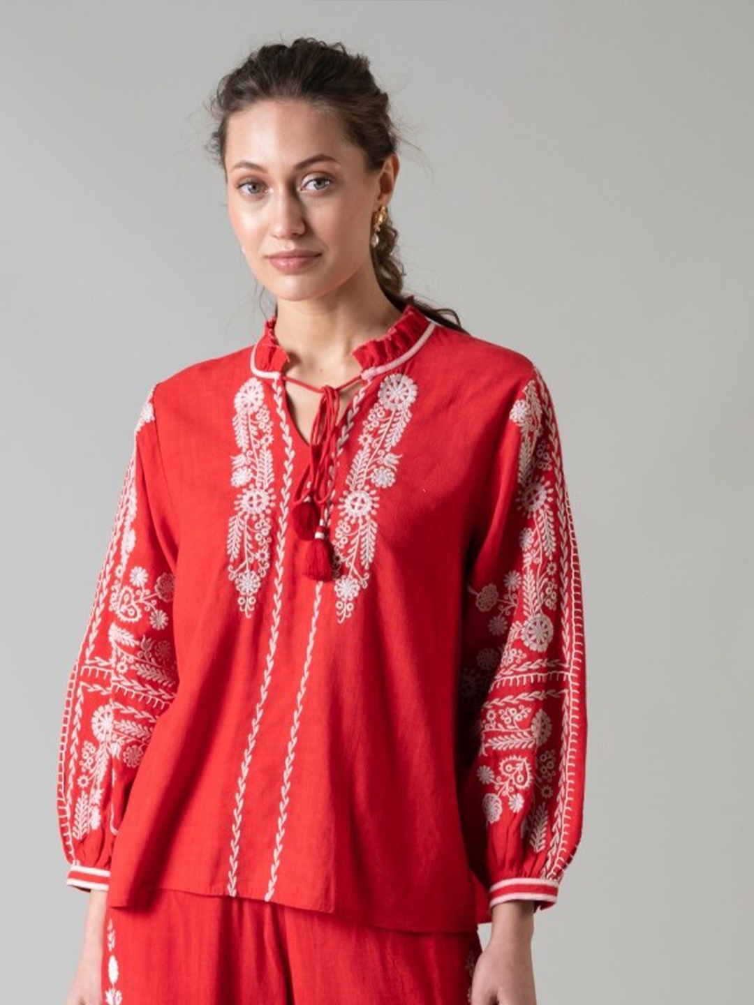 

Style Island Tie-Up Neck Floral Embroidered Top, Red