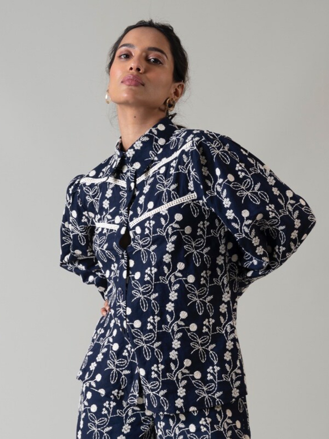 

Style Island Floral Embroidered Cotton Shirt Style Top, Navy blue