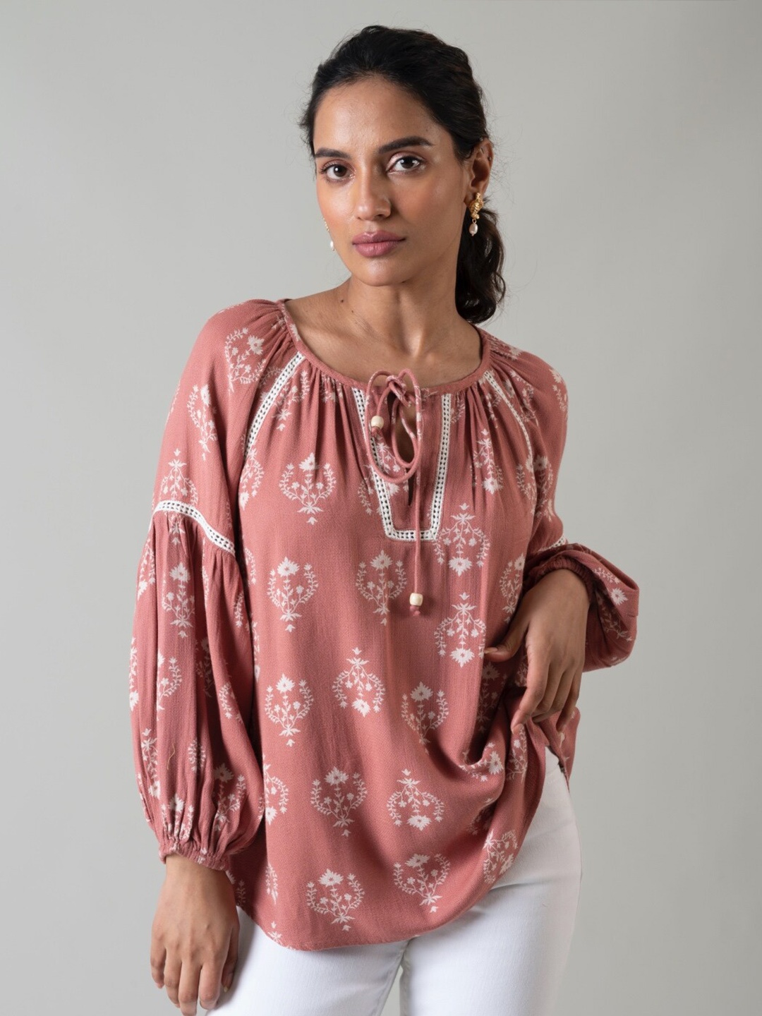 

Style Island Ethnic Motifs Print Tie-Up Neck Top, Pink