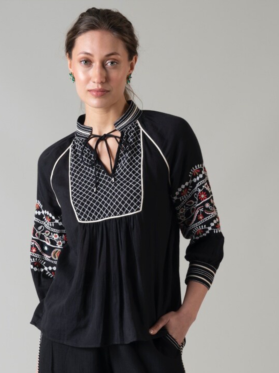 

Style Island Checked Tie-Up Neck Cotton Top, Black