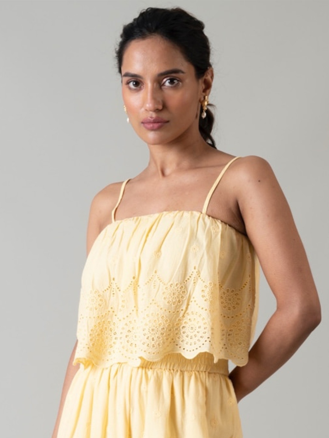 

Style Island Square Neck Shoulder Straps Schiffli Cotton Top, Yellow