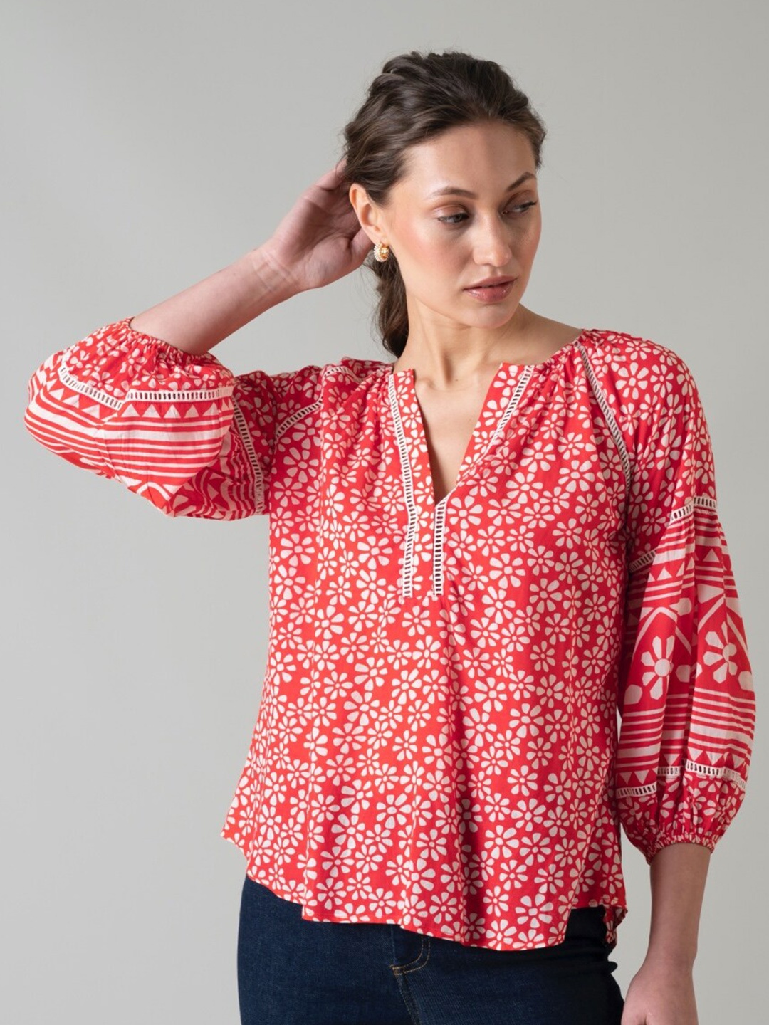 

Style Island Floral Printed Blouson Top, Red