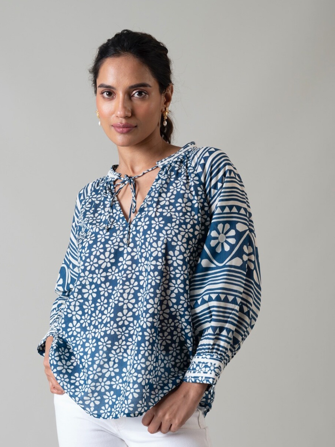 

Style Island Floral Print Tie-Up Neck Top, Blue