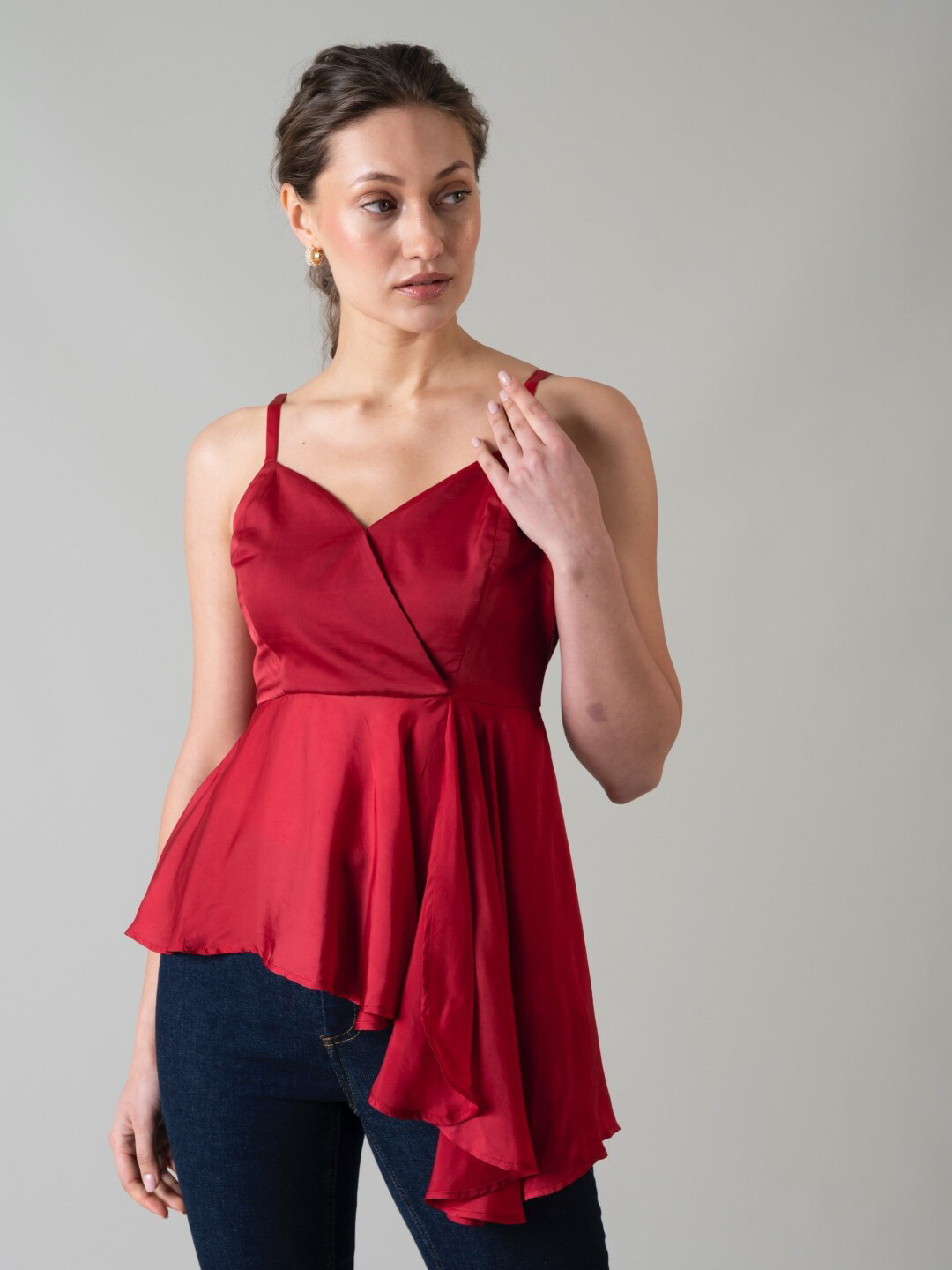 

Style Island Shoulder Straps Asymmetrical Wrap Top, Red
