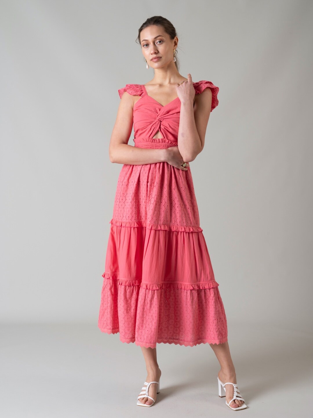

Style Island Sweetheart Neck Schiffli Tiered Cotton Maxi Dress, Pink