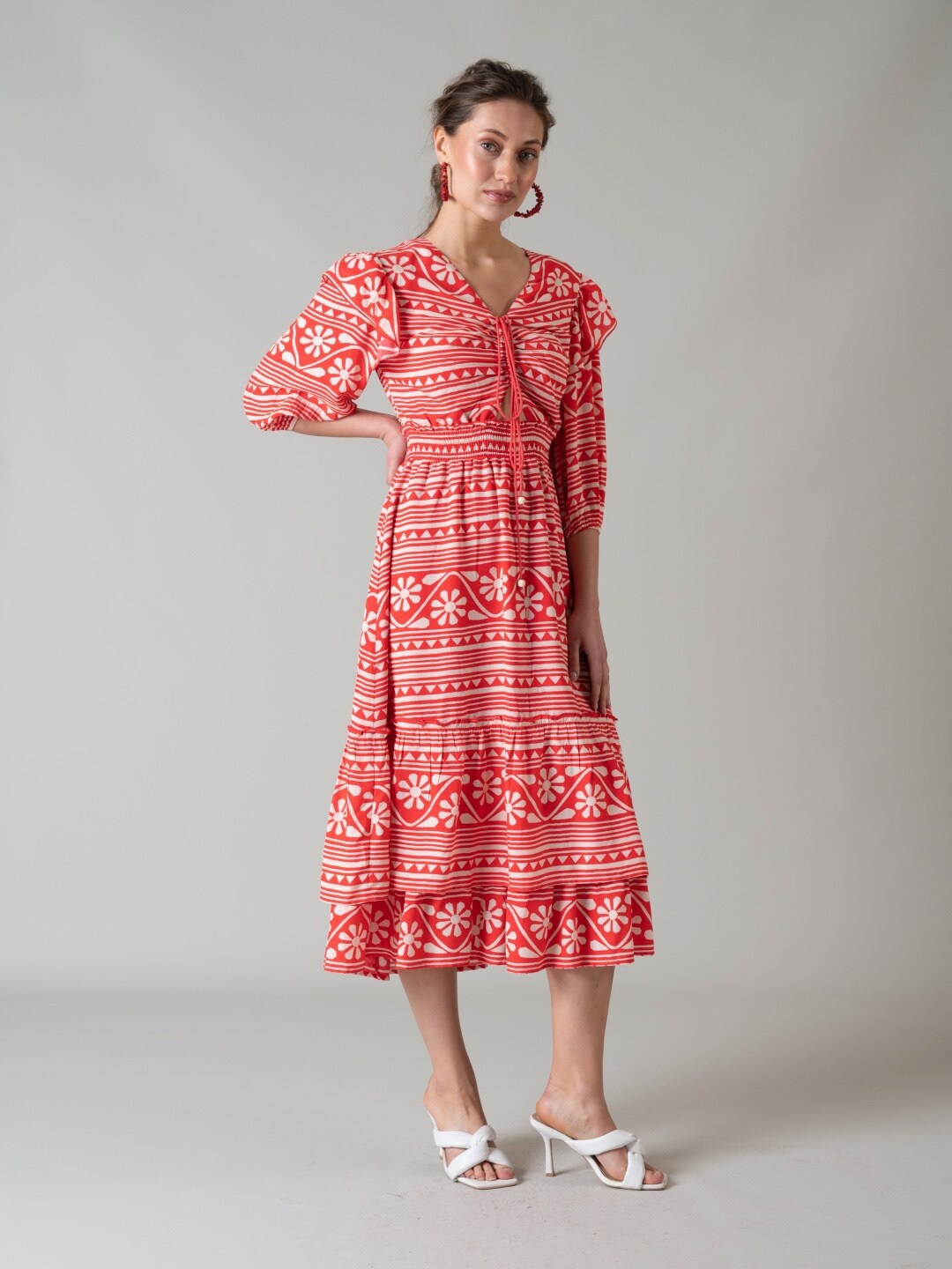 

Style Island Geometric Puff Sleeve Tie Up Detail Fit & Flare Midi Dress, Red
