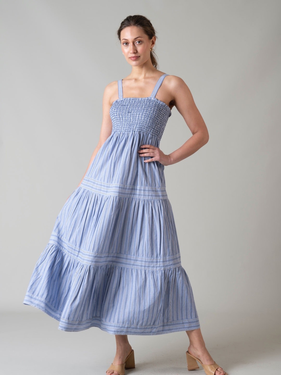 

Style Island Smocked Cotton Shoulder Straps Maxi Dress, Blue