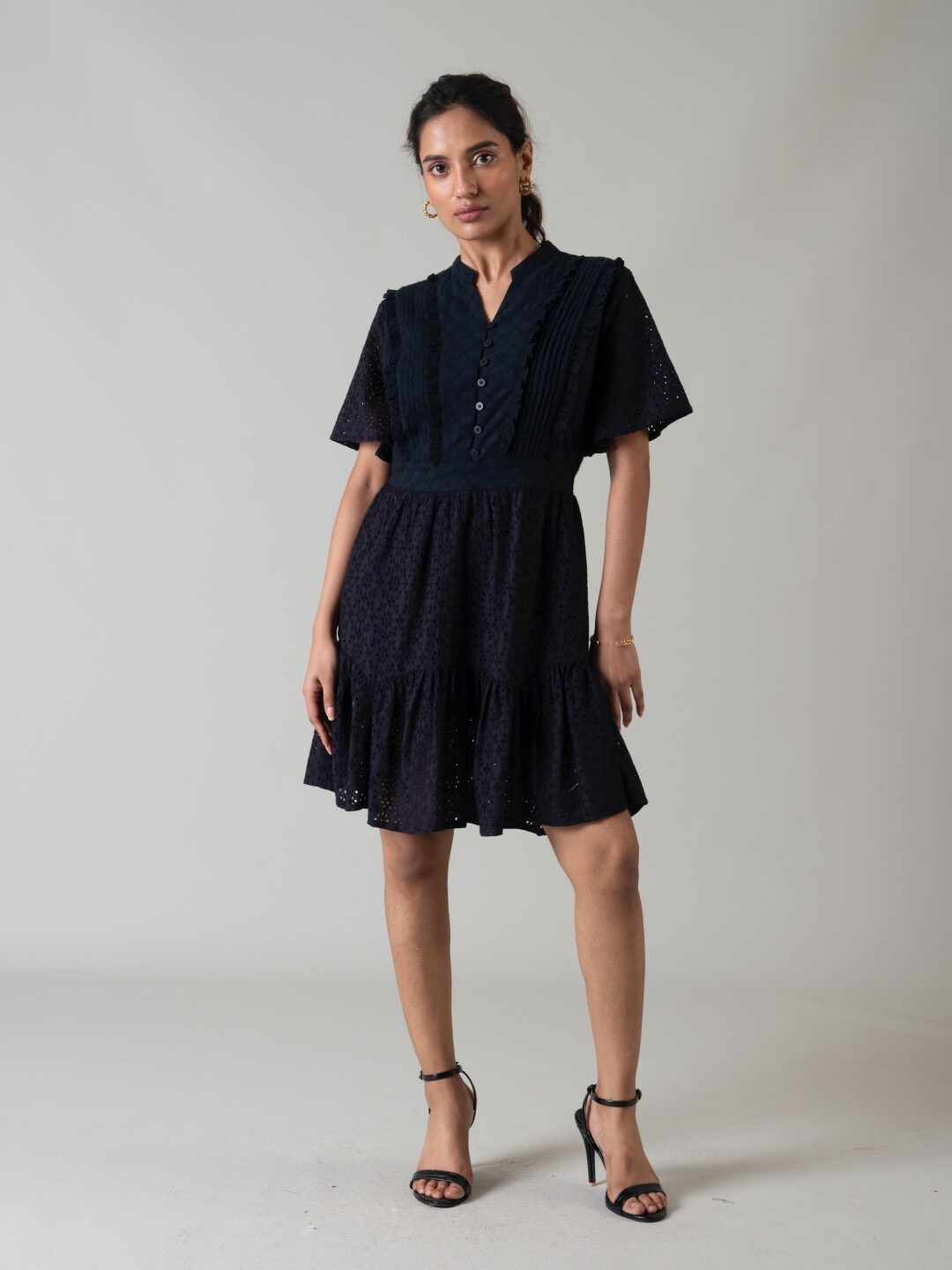 

Style Island Band Collar Schiffli A-Line Cotton Midi Dress, Navy blue