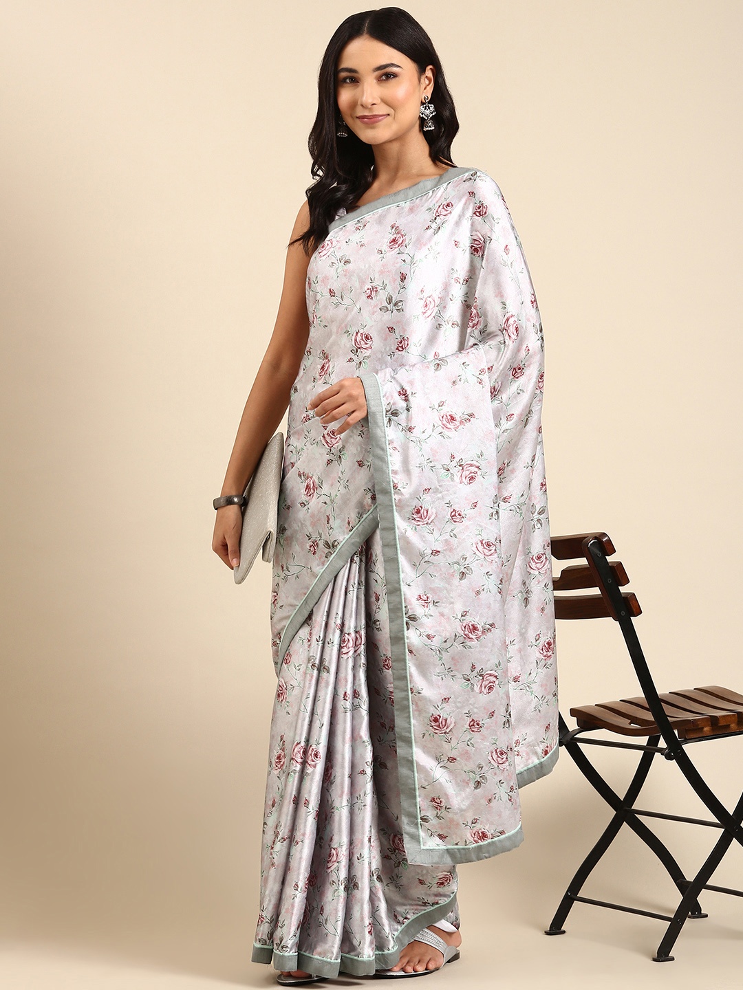 

kasee Floral Printed Satin Saree, Grey