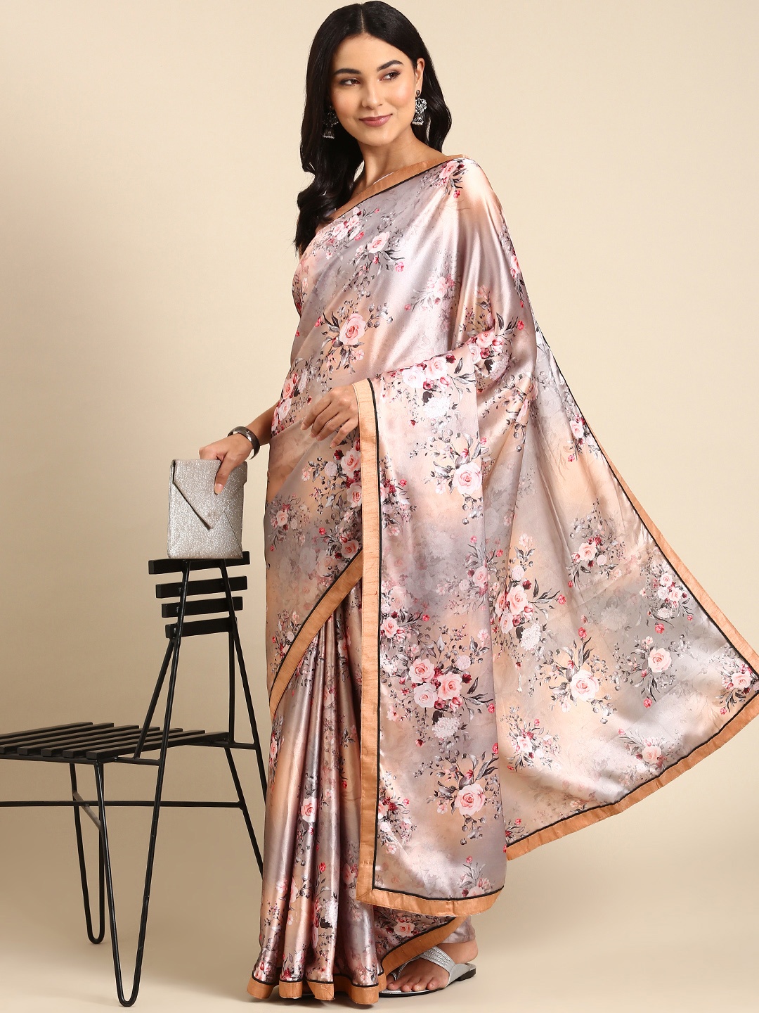 

kasee Digital Printed Floral Satin Saree, Peach