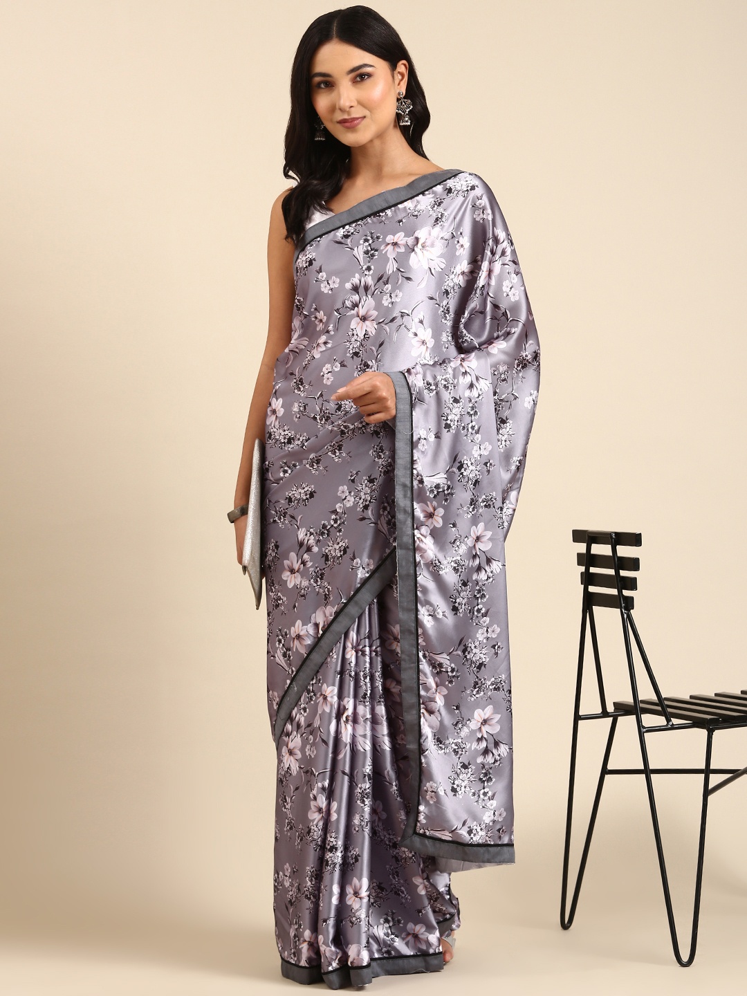 

kasee Digital Printed Floral Satin Saree, Grey
