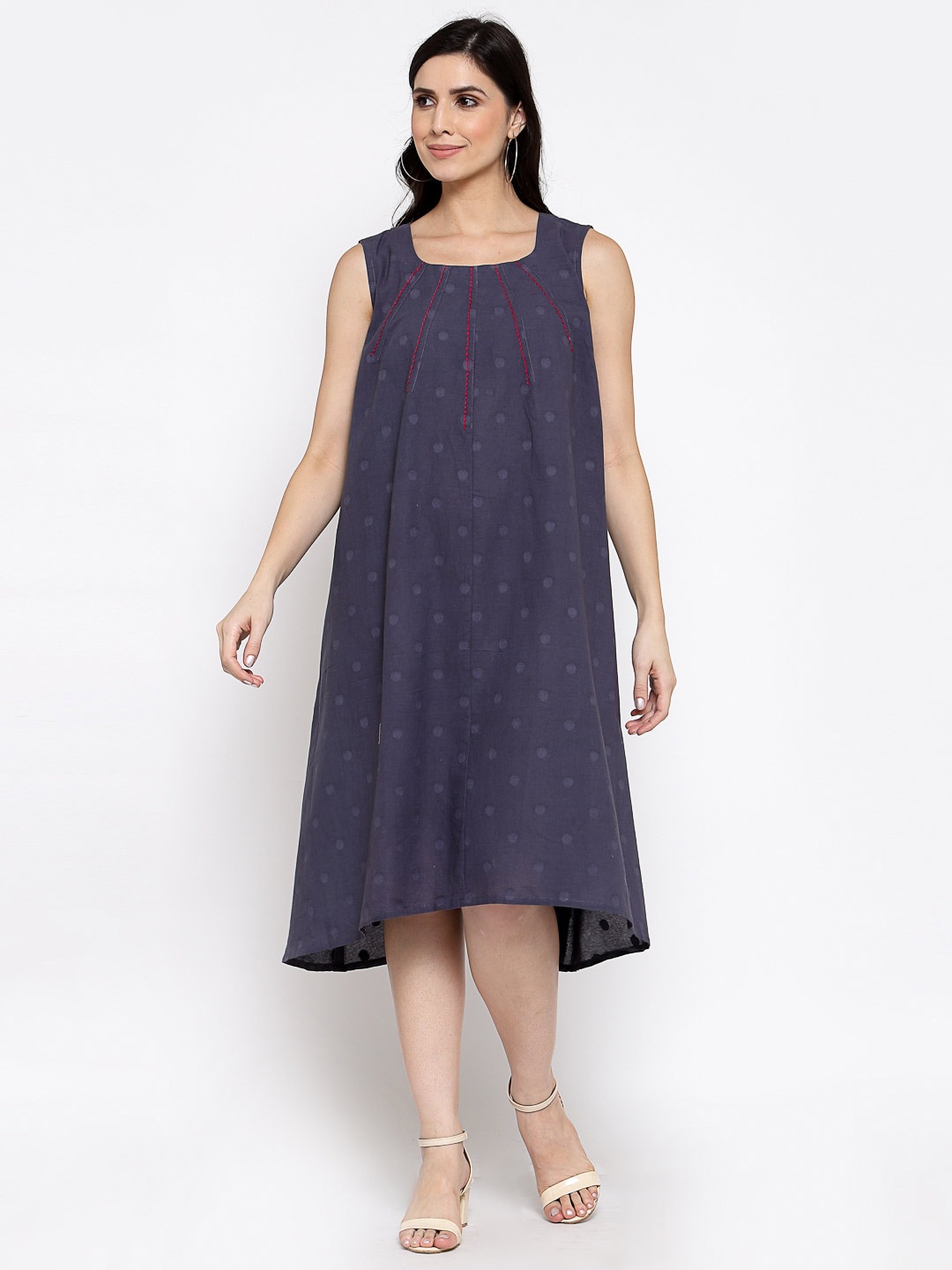 

DART STUDIO Polka Dots Printed High-Low Cotton A-Line Dress, Navy blue