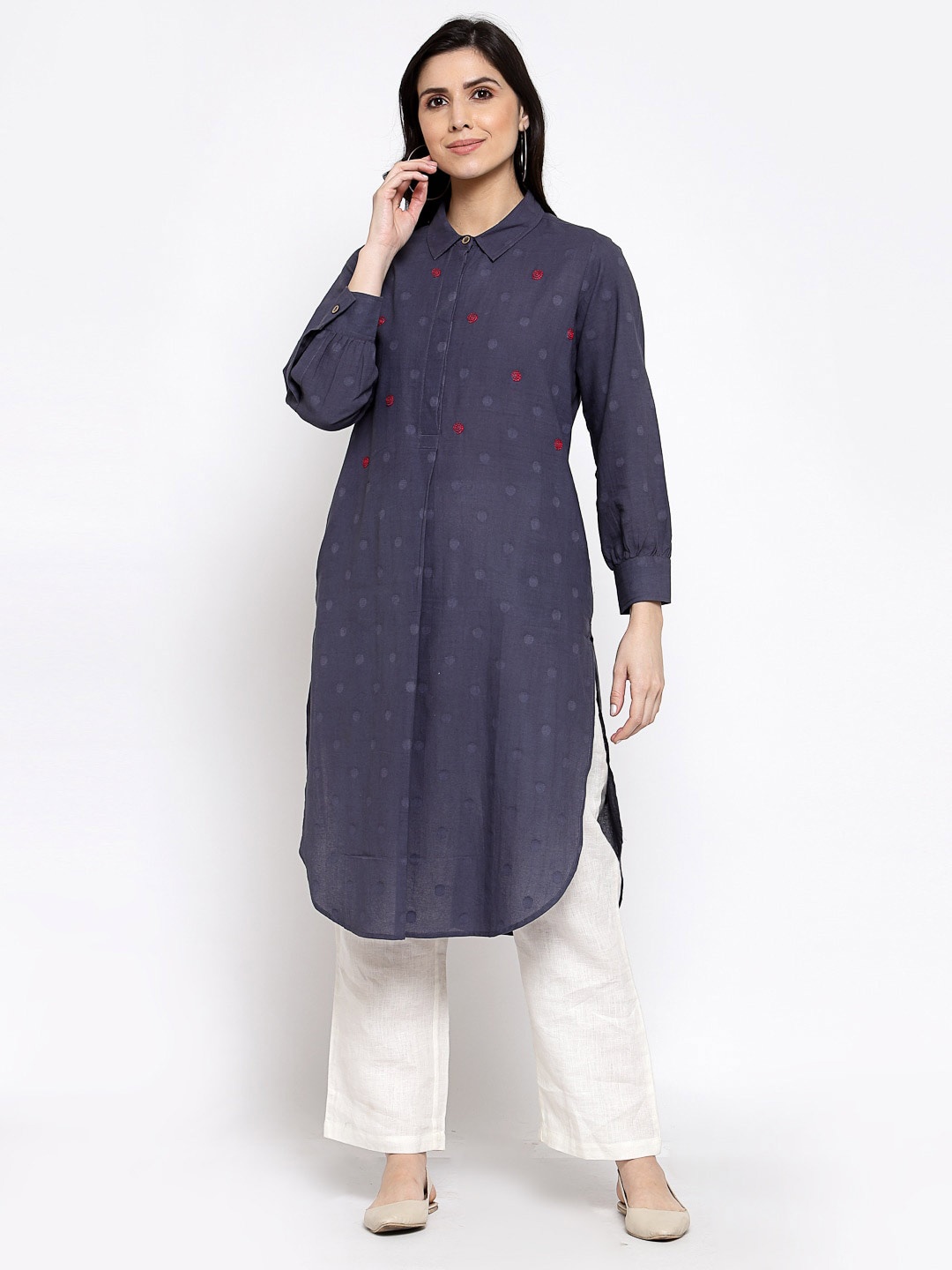 

DART STUDIO Shirt Collar Geometric Embroidered Cotton Kurta, Navy blue