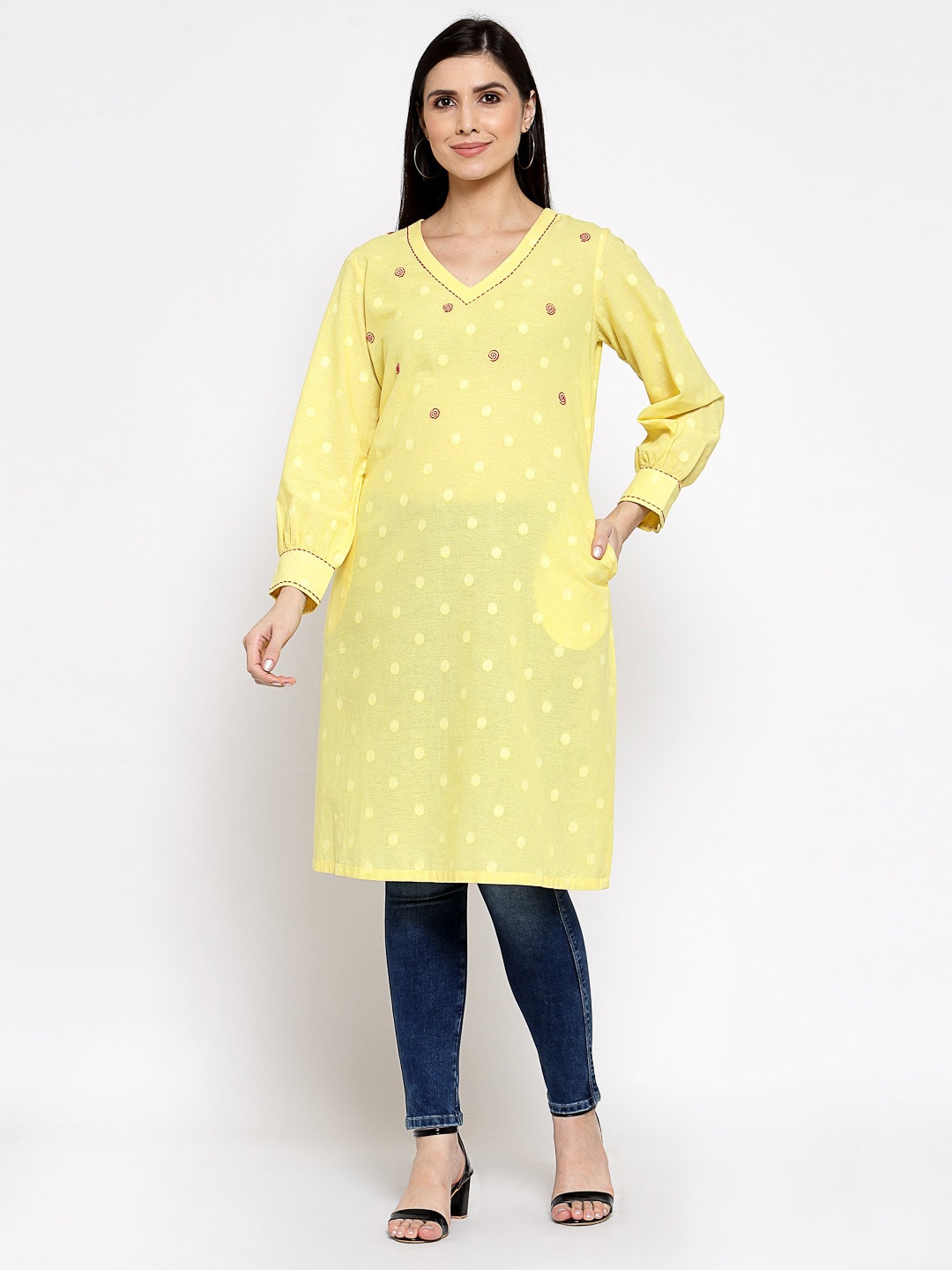 

DART STUDIO V-Neck Polka Dots Printed Kurta, Yellow
