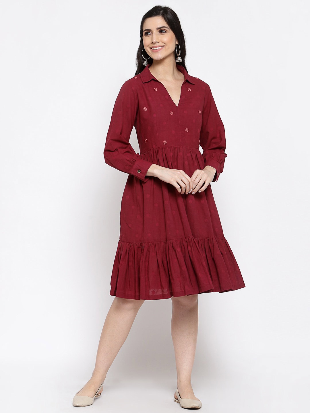

DART STUDIO Geometric Printed Cotton A-Line Dress, Maroon