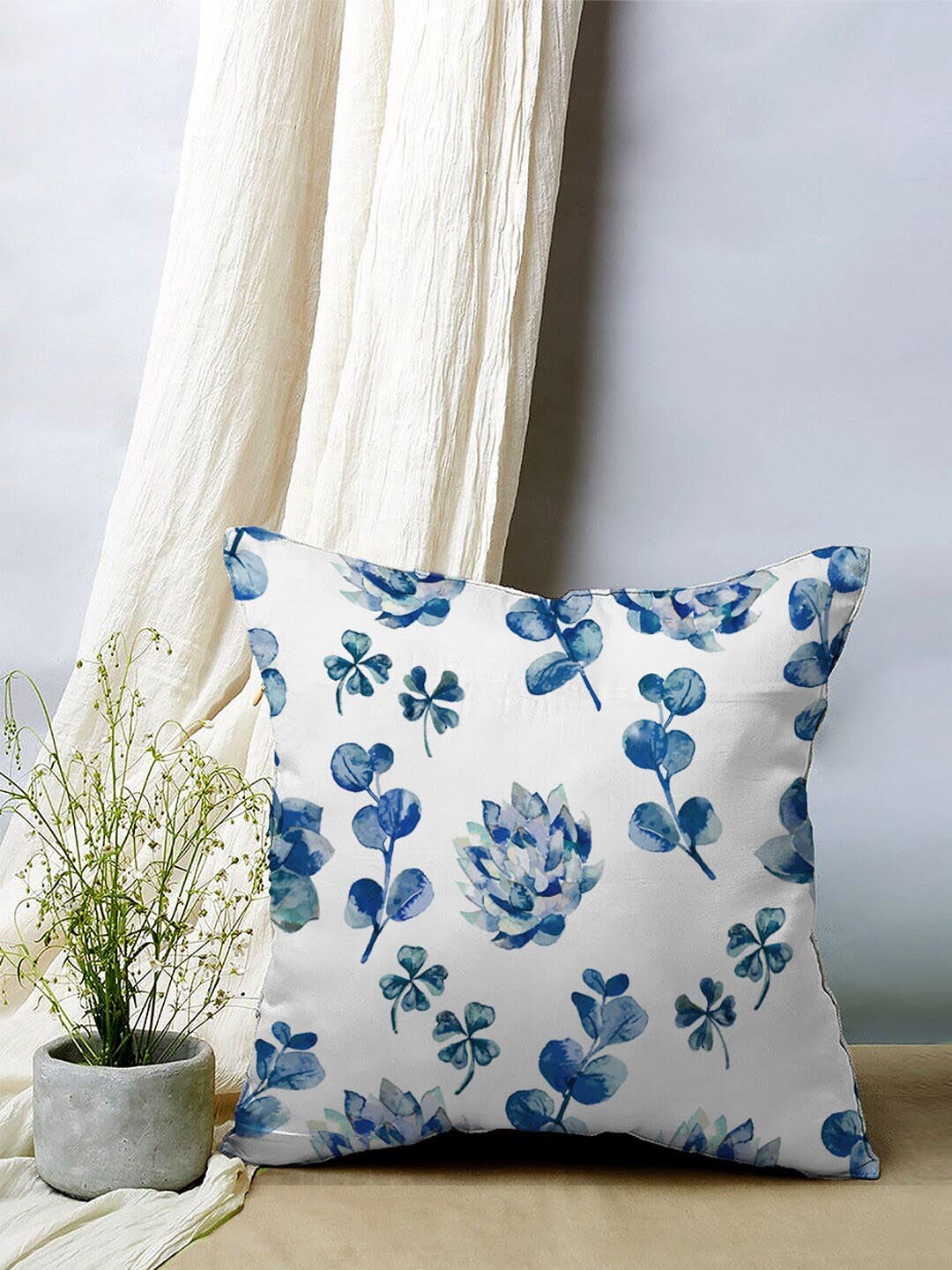 

SPACES Elegant Blue & White 5 Pcs Floral Velvet Square Cushion Covers