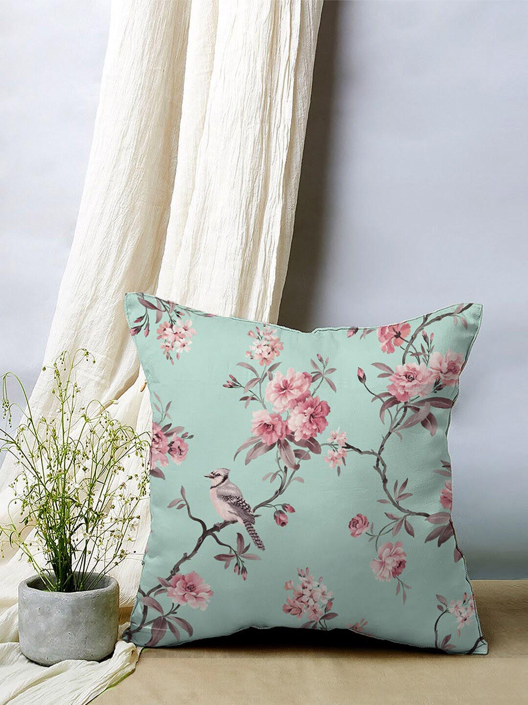 

SPACES Elegant Blue & Grey 2 Pcs Floral Velvet Square Cushion Covers